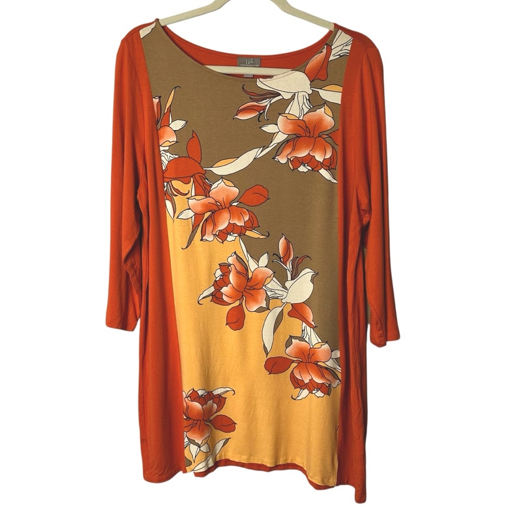 J Jill Wearever Collection Womens Tunic Floral Lilies Burnt Orange Large Stretch